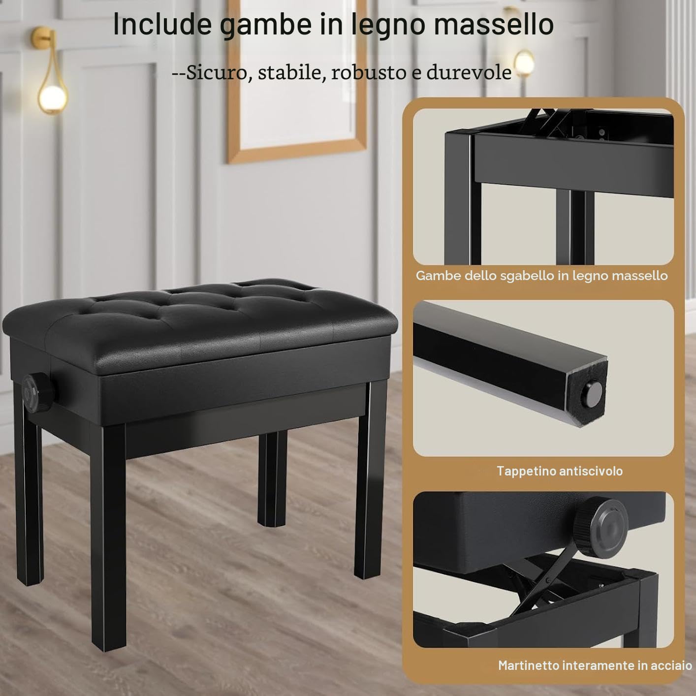 Sgabello Pianoforte Regolabile in Altezza 56x33x58CM, Panca con Spazio di Archiviazione, Carico Massimo 150KG, Nero