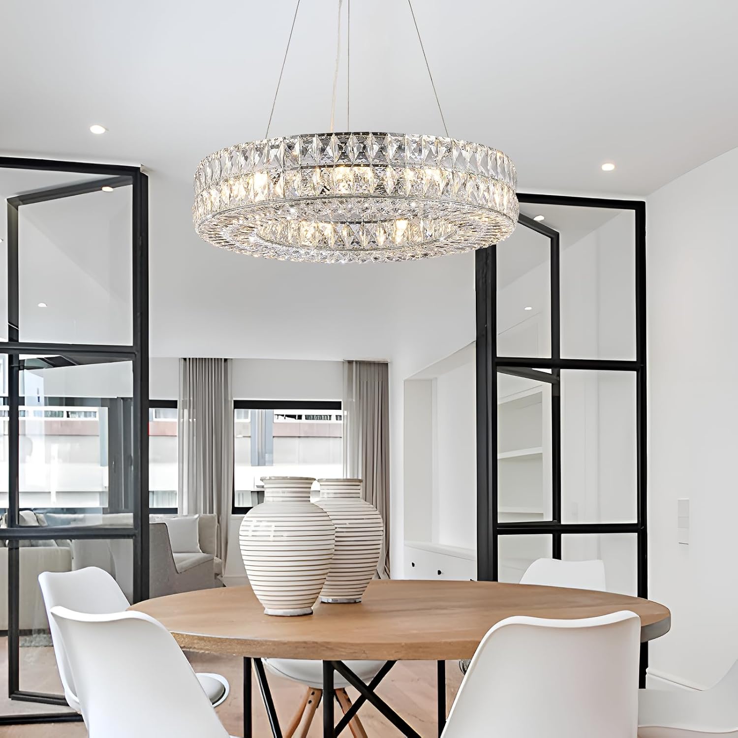 9-Lights Ring Crystal Chandelier, Modern Chandeliers Lighting and Hanging Ring Adjustable, Ceiling Light Fixture for Living Room Dining Room Bedroom (Chrome, 24")