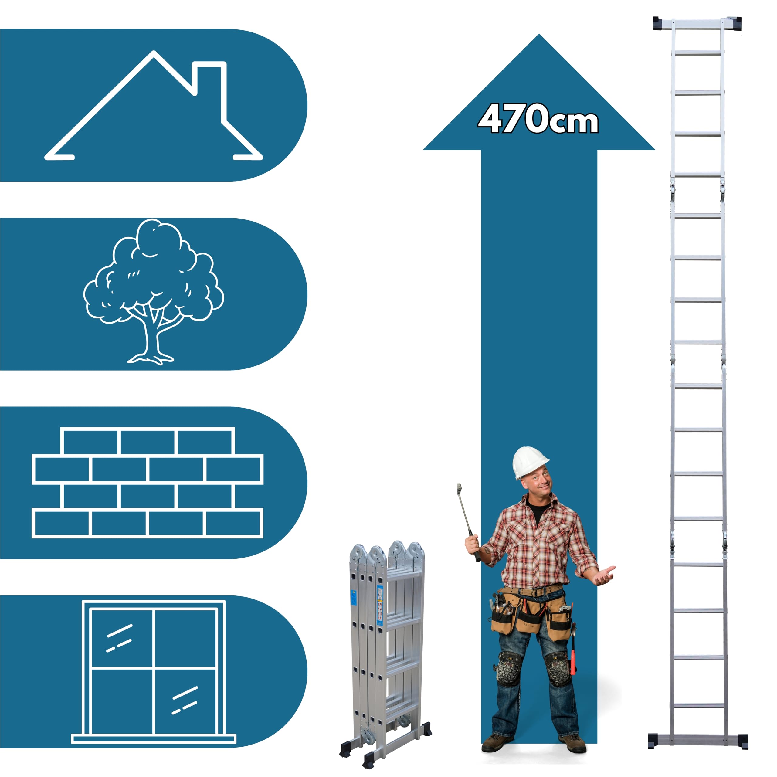 DIVID® Multifunktionsleiter Aluminium 4x4 (4,70m) Klappbar, Klappleiter, Gelenkleiter, Stehleiter, Alumiumleiter bis 150Kg