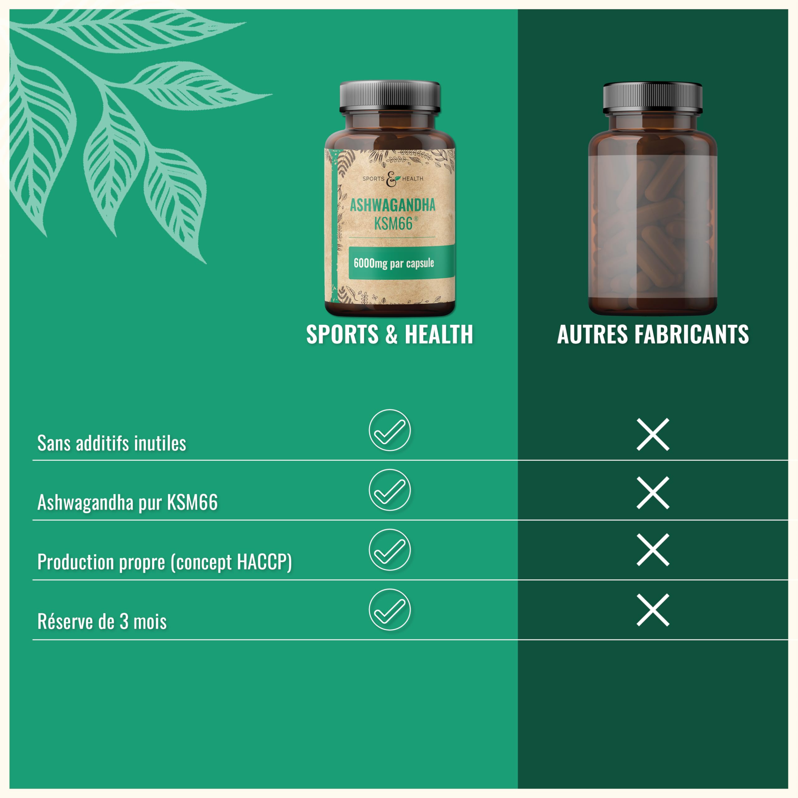 Ashwagandha KSM-66 Gélules – Ultra hautement dosé 6 000 mg par gélule – Extrait pur sans additifs – 100 gélules d’Ashwagandha – KSM66 Withanolides