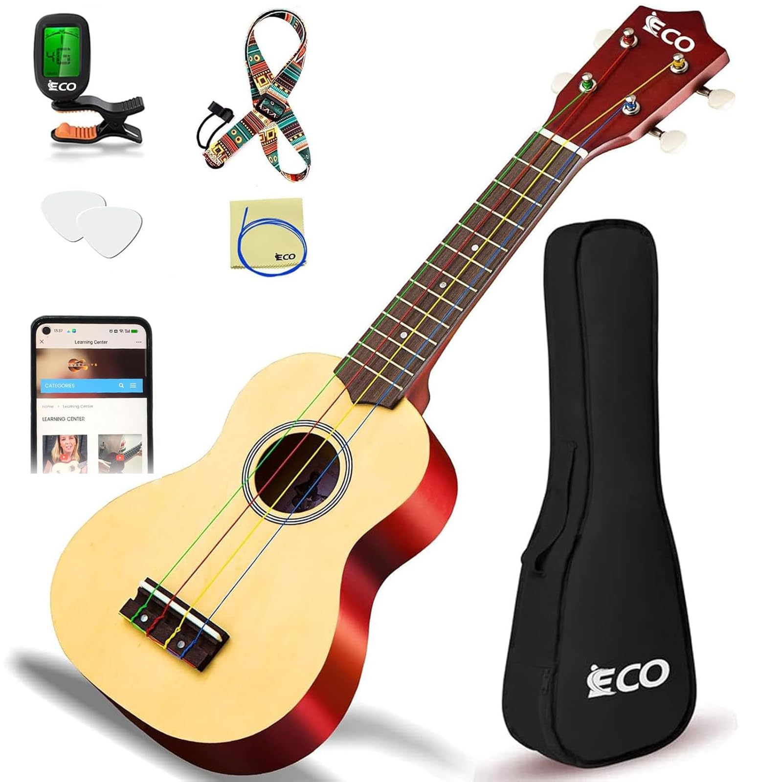 Sopran Ukulele Anfänger Kit für Kinder & Anfänger, 21 Zoll Ukelele mit Songbook, Case, Strap, Tuner, Strings & Picks - Natural | Für Kinder, Erwachsene, Studenten, Anfänger, Profi, mit Koffer, Gurt, Stimmgerät, Saiten, Plektren