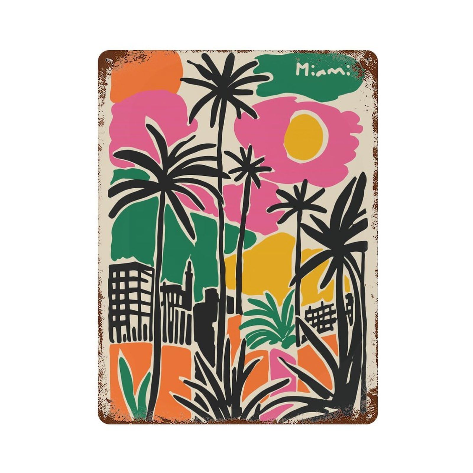 Miami Palm Trees Colorful Art 15.7"x11.8" Decorative Tin Sign, Retro Wall Decor for Garage, Bar And Workshop Decor