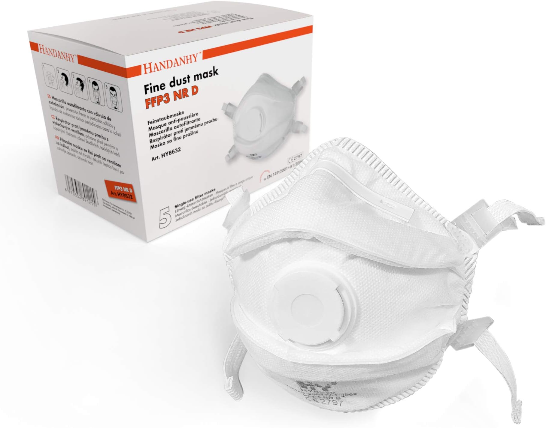 FFP3 Face Mask with Exhalation Valve (x5) - EN 149:2001 and A1:2009 Compliant, 4 Point Headband with Cushioned Lining for Extra Comfort and Security (Type B - Pack of 5)