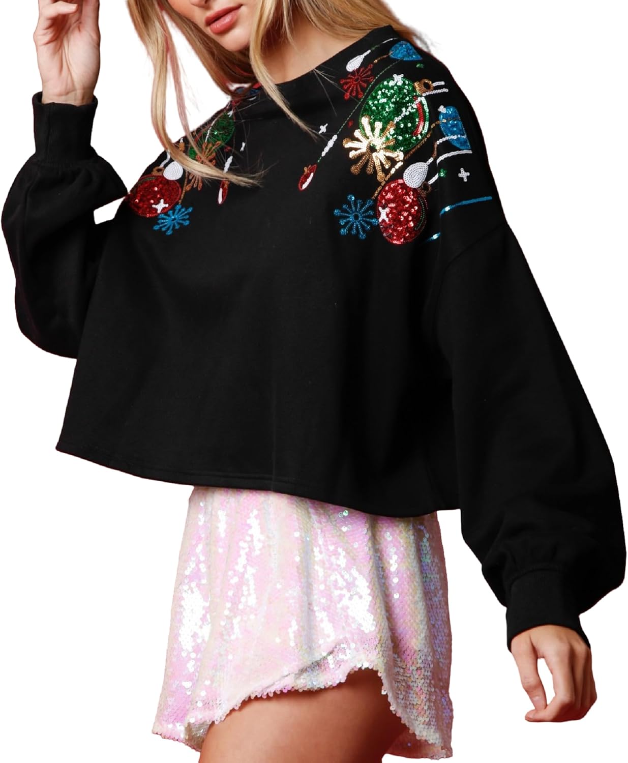 NUFIWI Christmas Cropped Sweatshirt for Women Colorful Funny Santa Long Sleeve Pullover Glitter Xmas Holiday Crop Top