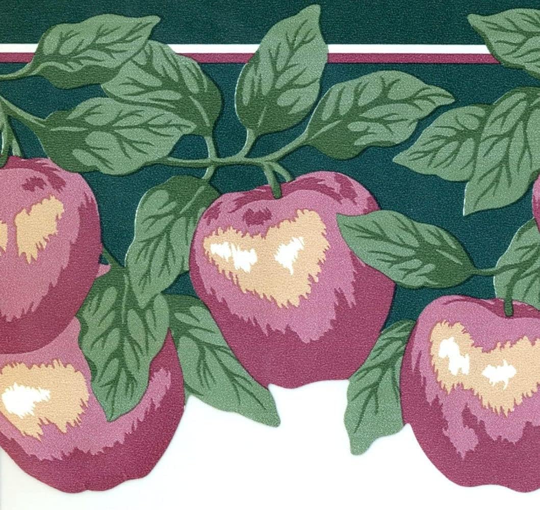 CONCORD WALLCOVERINGS ™ Wallpaper Border Kitchen Pattern Apples for Dining Area Kitchen Farm Store, Red Green Yellow White, 6.25 Inches by 15 Feet BP007154B