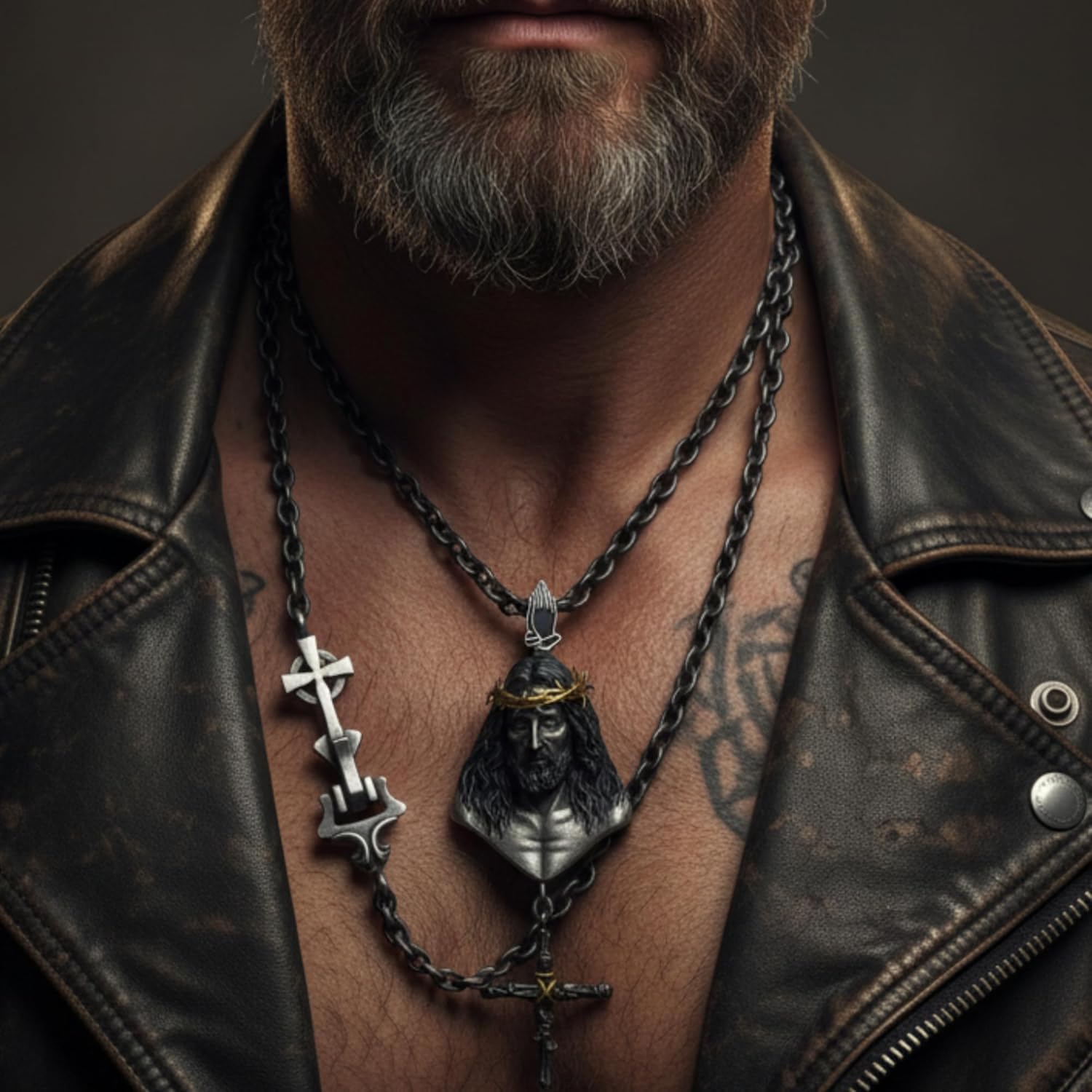 Jesus Pendant Necklace – Handmade Silver Plated Copper Medallion with Golden Crown of Thorns & Cross Drop, Dual-Sided Spiritual & Artistic Jewelry for Men & Women (Free Chain Included)