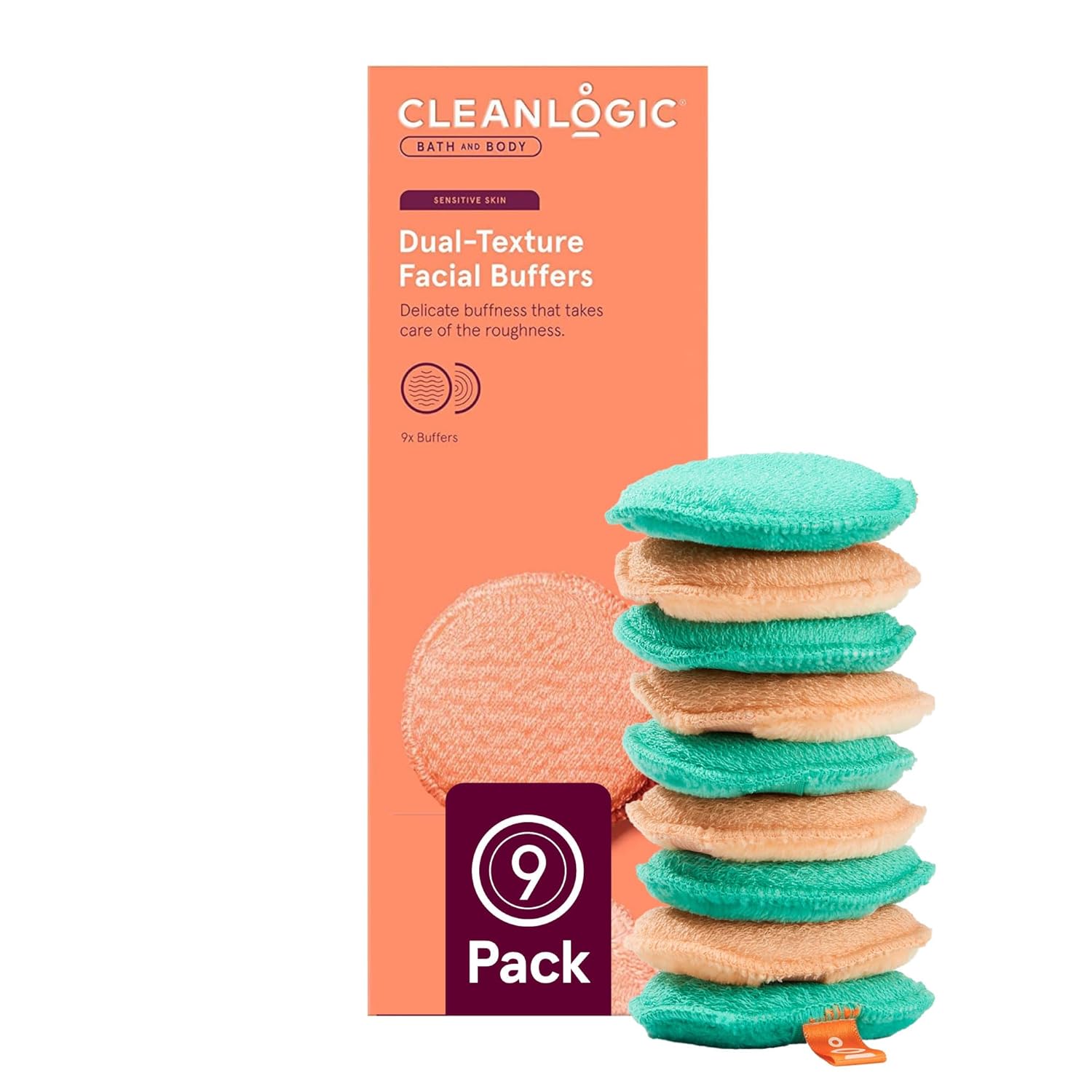 CleanLogic Bath & Body Exfoliating Dual-Texture Facial Pads, Face Sponges for Cleansing & Softening Sensitive Skin, MakeUp Remover Pads, Assorted Colors, 9 Count Value Pack