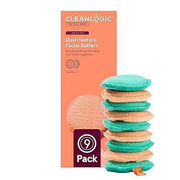 CleanLogic Bath & Body Exfoliating Dual-Texture Facial Pads, Face Sponges for Cleansing & Softening Sensitive Skin, MakeUp Remover Pads, Assorted Colors, 9 Count Value Pack