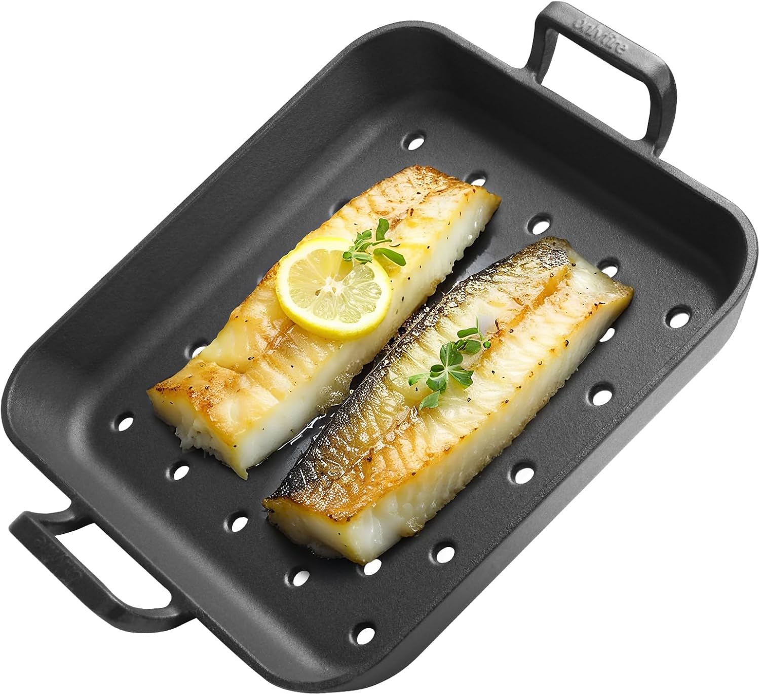 onlyfire Cast Iron Skillet, 12 Inch Pre-Seasoned Square Steak Pan with Nonstick Perforated Grill Surface and Dual Handles, Cast Iron Grill Pan Frying Pan for Grill, Oven and Stovetops