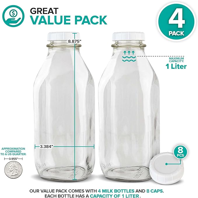 Stock Your Home Liter Glass Milk Bottle with Lid (4 Pack) 32 Oz Jugs and 8 White Caps, Reusable Food Grade Container for Refrigerator, Juice, Oat or Plant Milks, Water, Honey