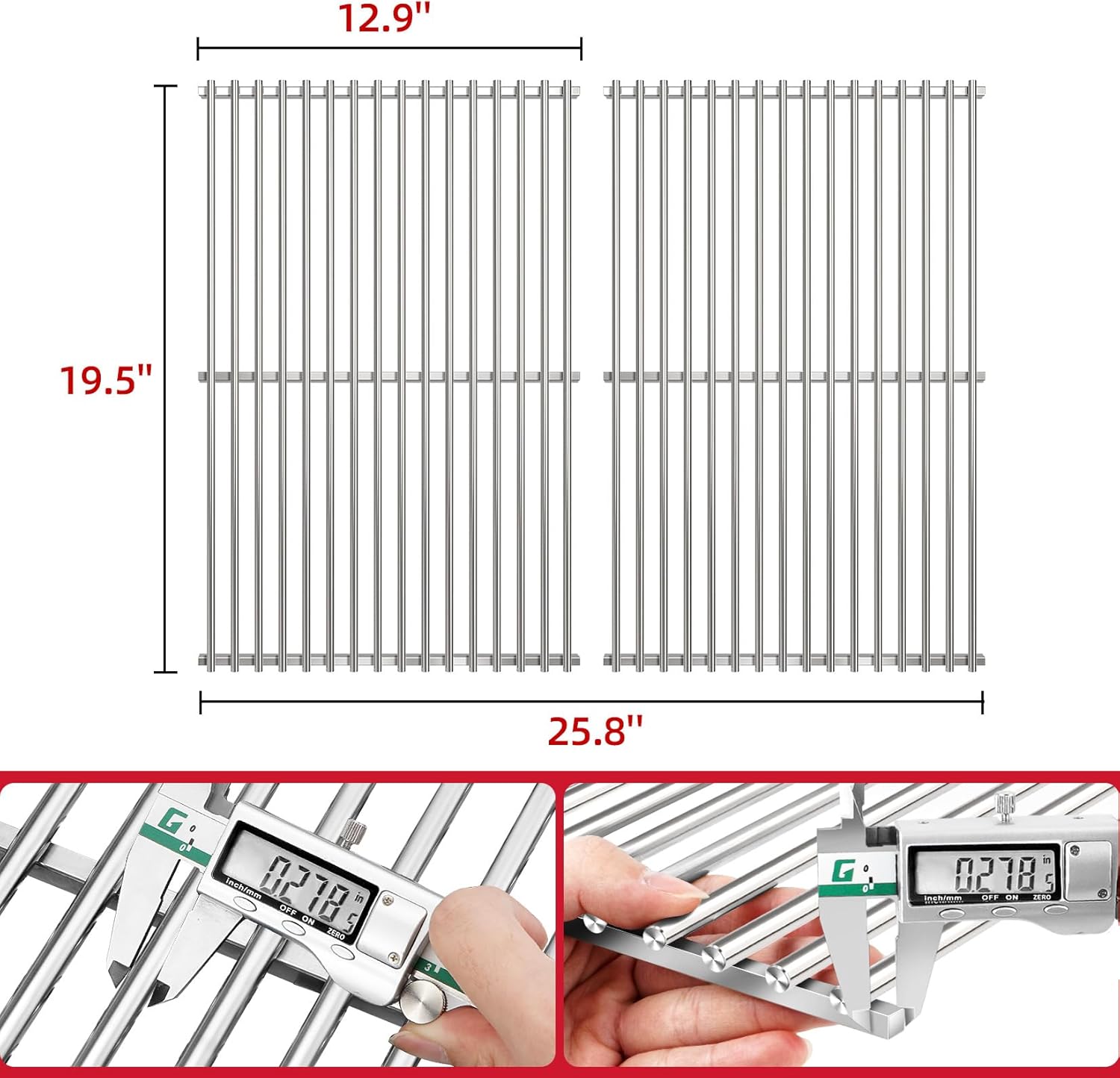 GGC Stainless Steel Grill Grates for Weber Genesis 300 Series, 19.5" Grill Replacement Grates for Weber E-310 E-320 E-330 S-310 S-320 S330 EP-310 EP-320 EP-330, Webber 7524/7528