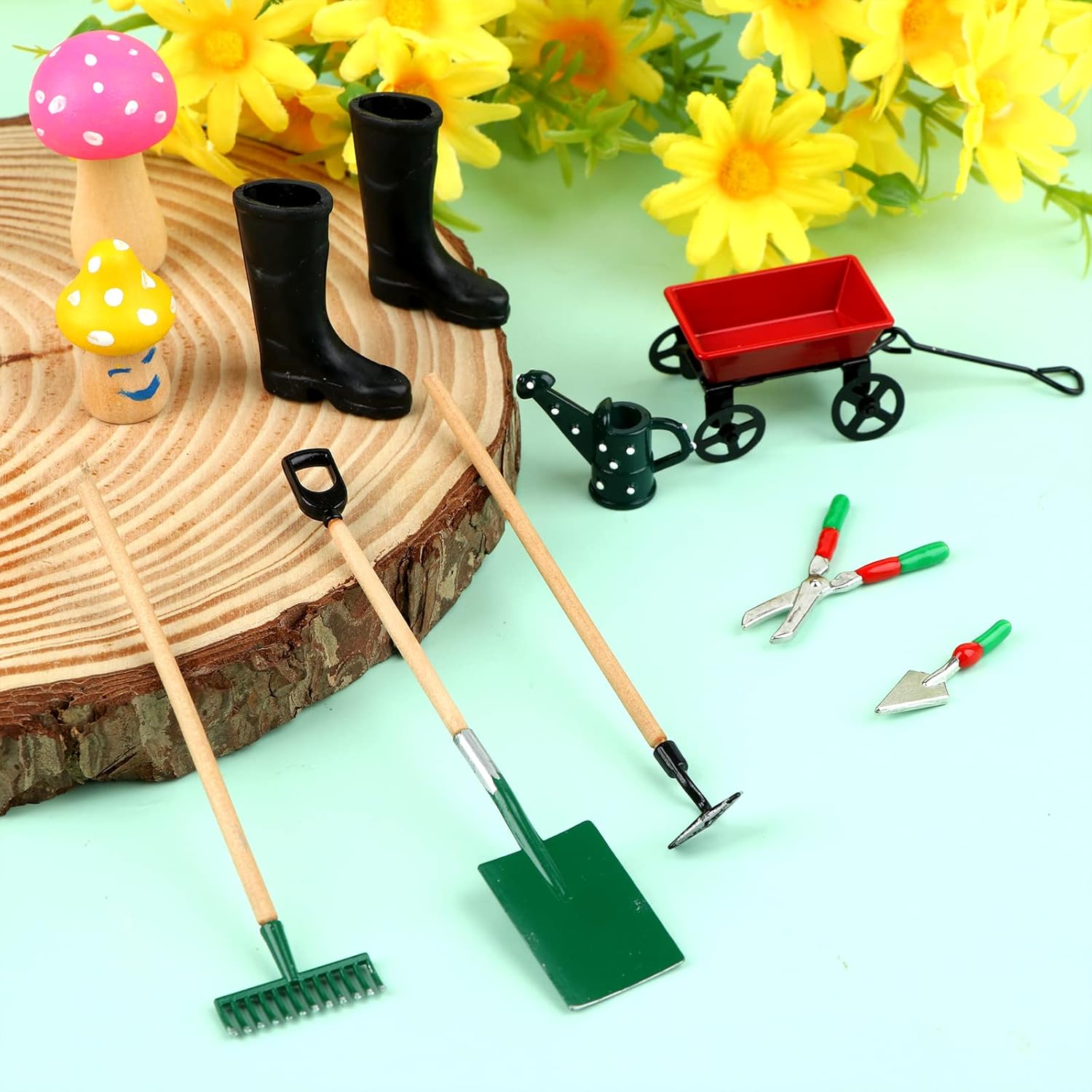 Miniature Fairy Garden Accessories Set 9 Pcs 1:12 Mini Metal Spade Pestle Kettle Wagon Rake Garden Watering Supplies Micro Landscape Ornaments Dollhouse Accessories image 4 of 7 B09YQ42M9F