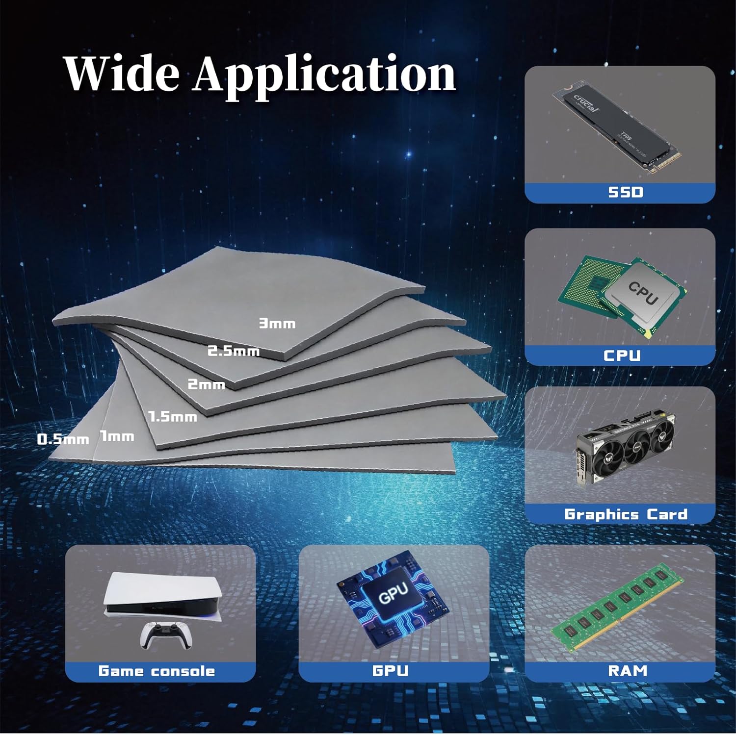 15 W/mK 100 x 100 x 2.5 mm Tear-Resistant Thermal Pad, Non Conductive Thermal Pads with Reusability, Double-Sided Self-Adhesive Thermal Pads GPU for CPU/PS4/PS5/PC/RAM/Laptop/SSD