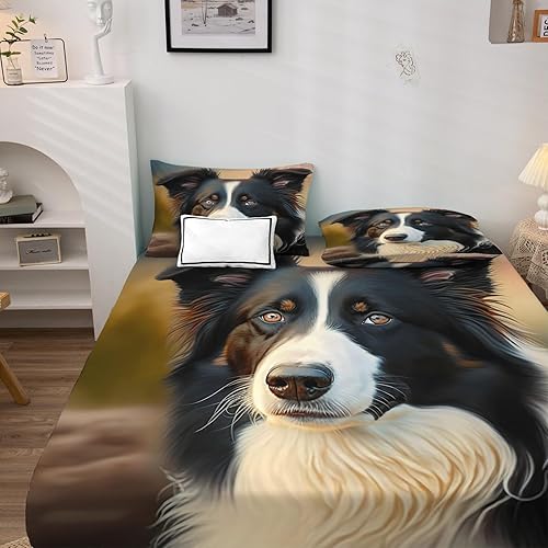 Miniatura 2 de Border Collie Sábanas tamaño individual XL, sábanas para perro, sábanas y fundas de almohada estampadas, juego de 3 piezas, sábana bajera ajustable