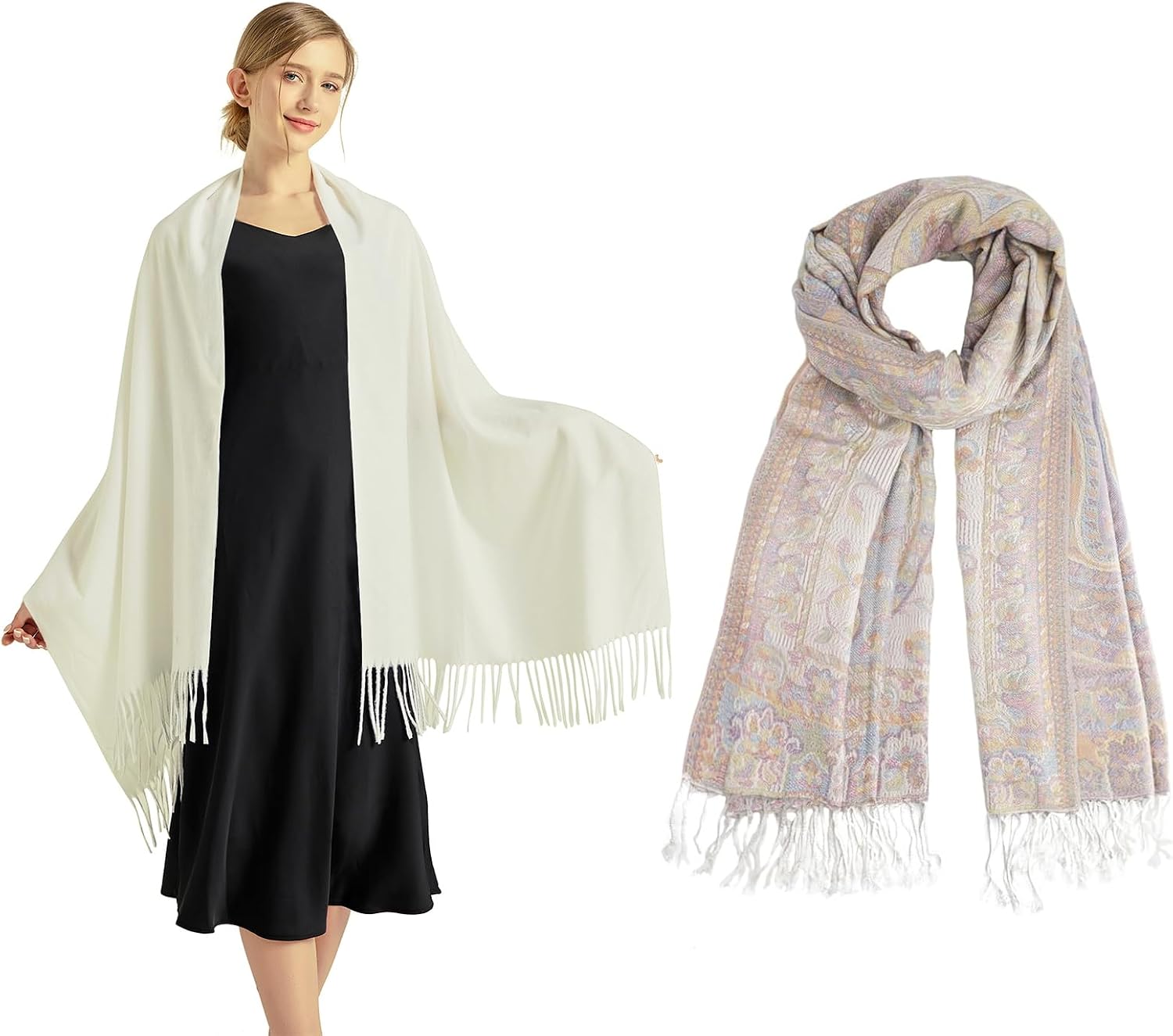 White Paisley Scarf Bundle with Off White Pashmina Shawls Wraps - 2 Pack