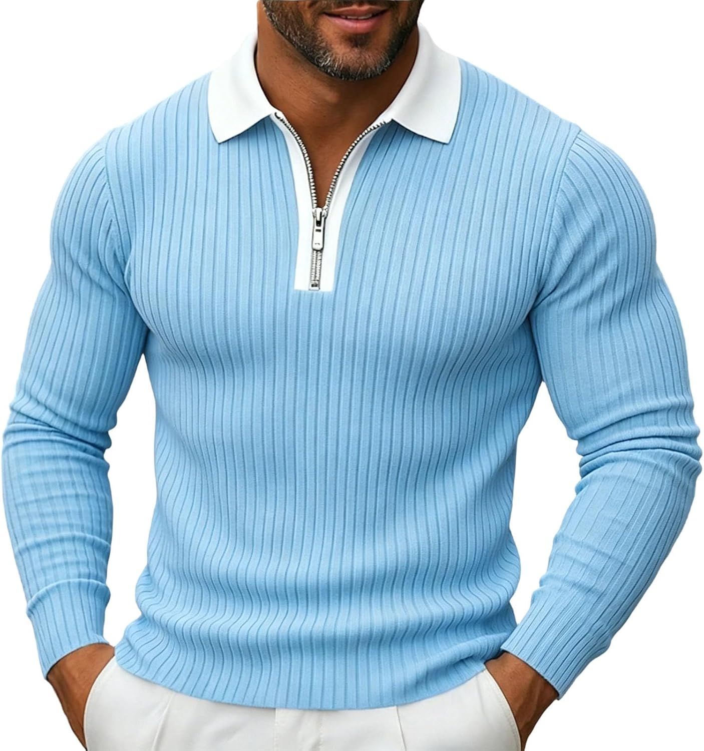 Men Half Zip Polo Shirt Long Sleeve Collared Fitted Quick Dry Top Athletic Casual Fall Winter Breathable Sweatshirt
