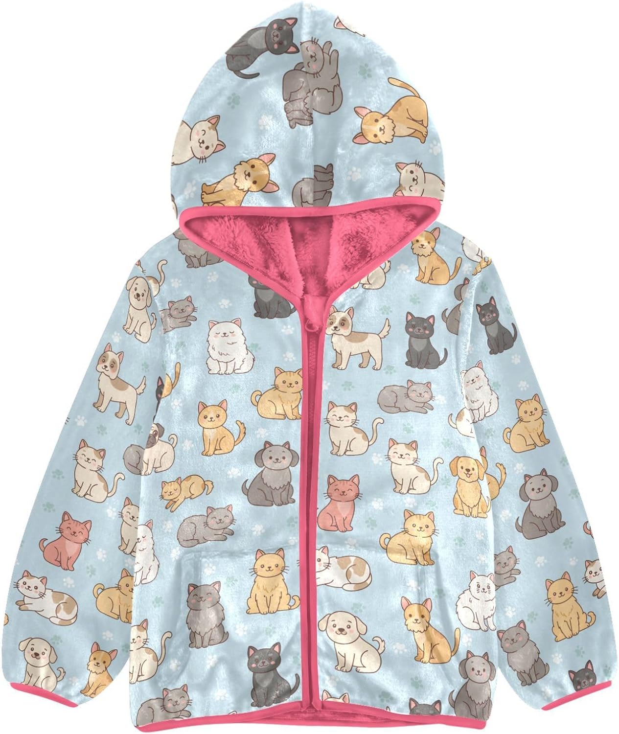 Girls Hoodie Outfit Cats Dogs Paw Pattern Zipper Sweatshirt Coat Fleece Jacket for Kids 3-10T