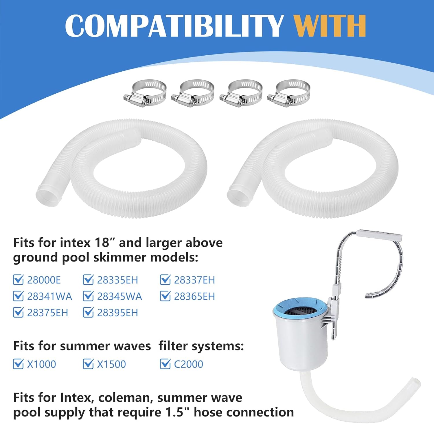 1.5 Inch x 3 ft Pool Skimmer Hose for Intex Above Ground Pool Skimmer Pump Replacement #10531 25016, 1-1/2 Inch Surface Skimmer Transfer Hose - 2 PCS