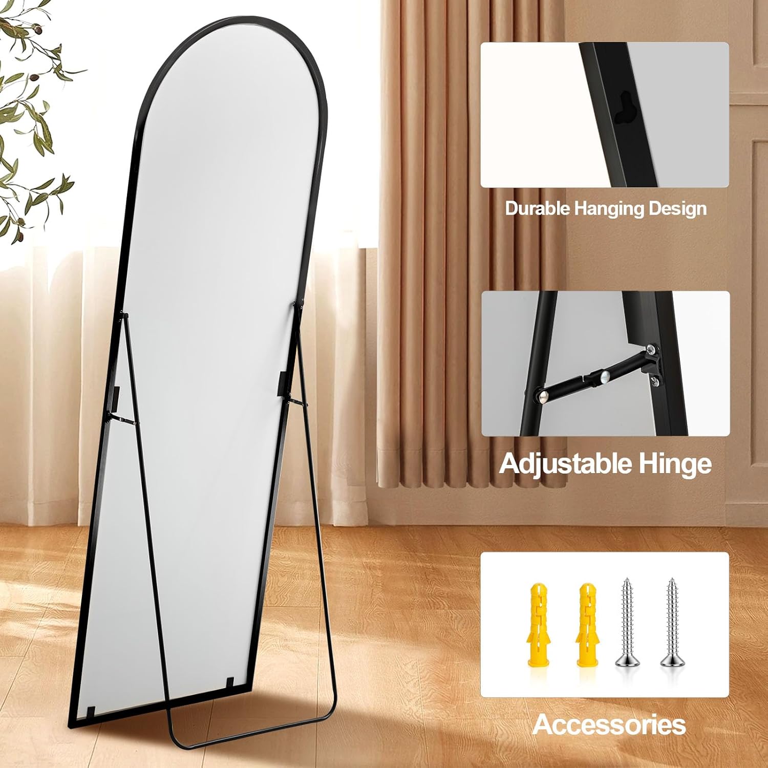 58"x20" Full Length Mirror Arched Body Dressing Floor Standing Mirrors, Black