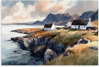 Scotland Coast Painting Art Canvas Print Cottage Watercolor Isle of Skye Landscape Scottish Highlands Wall Art Home Decor Gift 24x36inch(60x90cm) Unframe-style