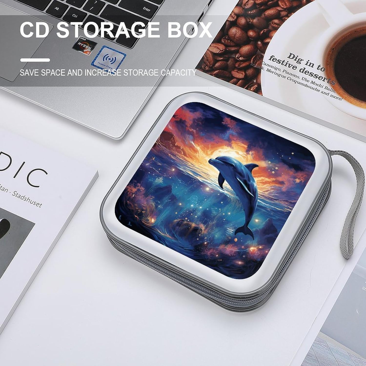 Colorful Starry Sky Ocean Dolphin CD Case Holder Hard Plastic DVD Case Storage Holders 40 Capacity Large Storage Disc Wallet Bag Portable Zipper CD/DVD Wallet Holder Organizer for Car Home Travel image 4