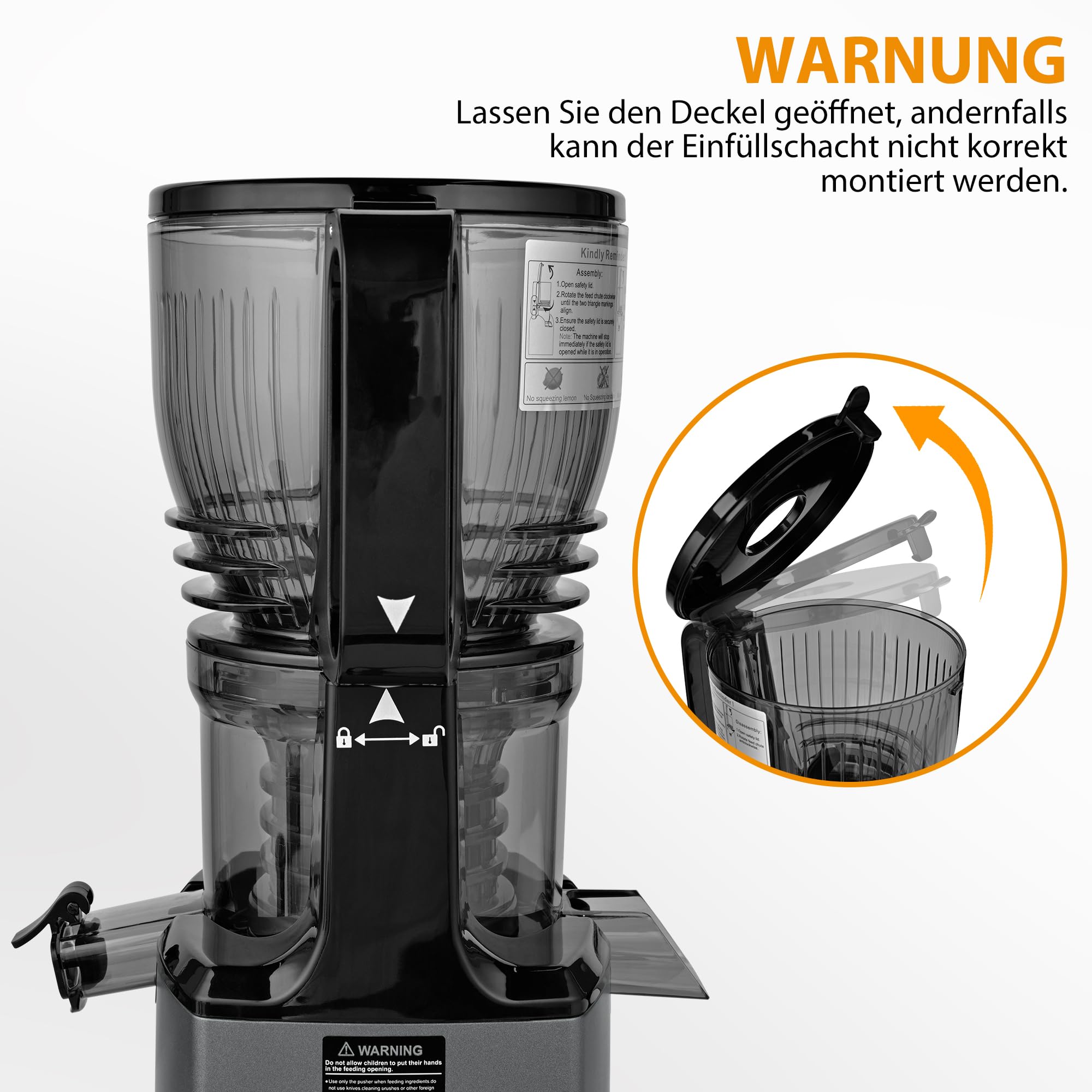 PUKOMC Kaltpressentsafter mit 14,7 cm (5,8 Zoll) großem Einwurf - Slow Juicer für ganze Früchte und Gemüse, 1,8 Liter Behälter, 300W, inklusive Reinigungsbürste und Auffangbecher, grau