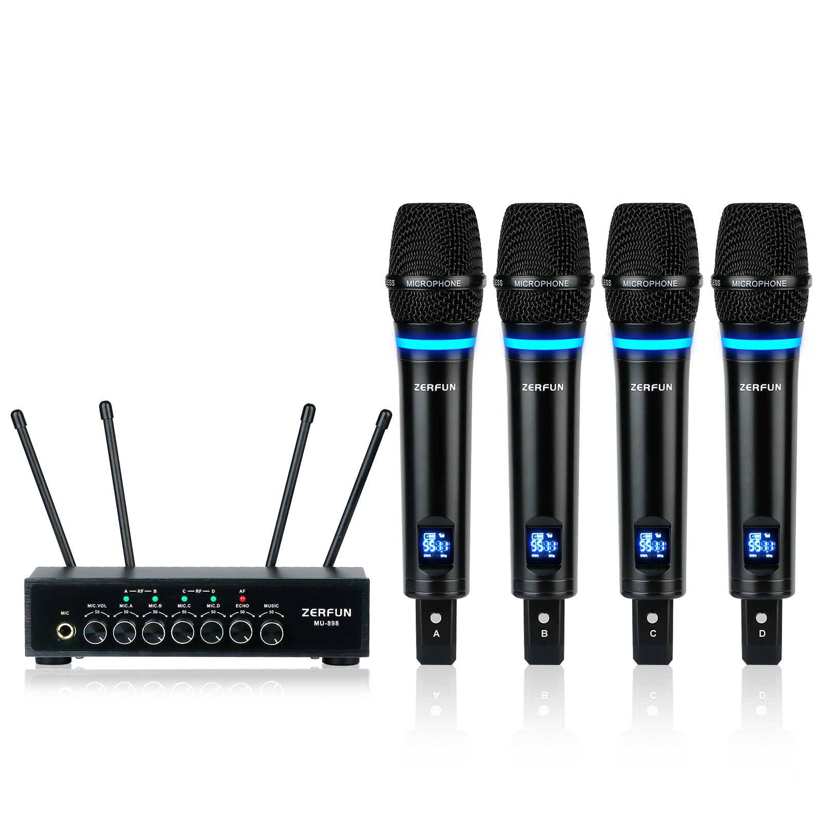 ZERFUNPro Rechargeable Wireless Microphone System 4 Channel, UHF Metal Handheld Wireless Mics Cordless Microphones with Echo Bluetooth Volume Control for Karaoke Singing Church(MU-898)