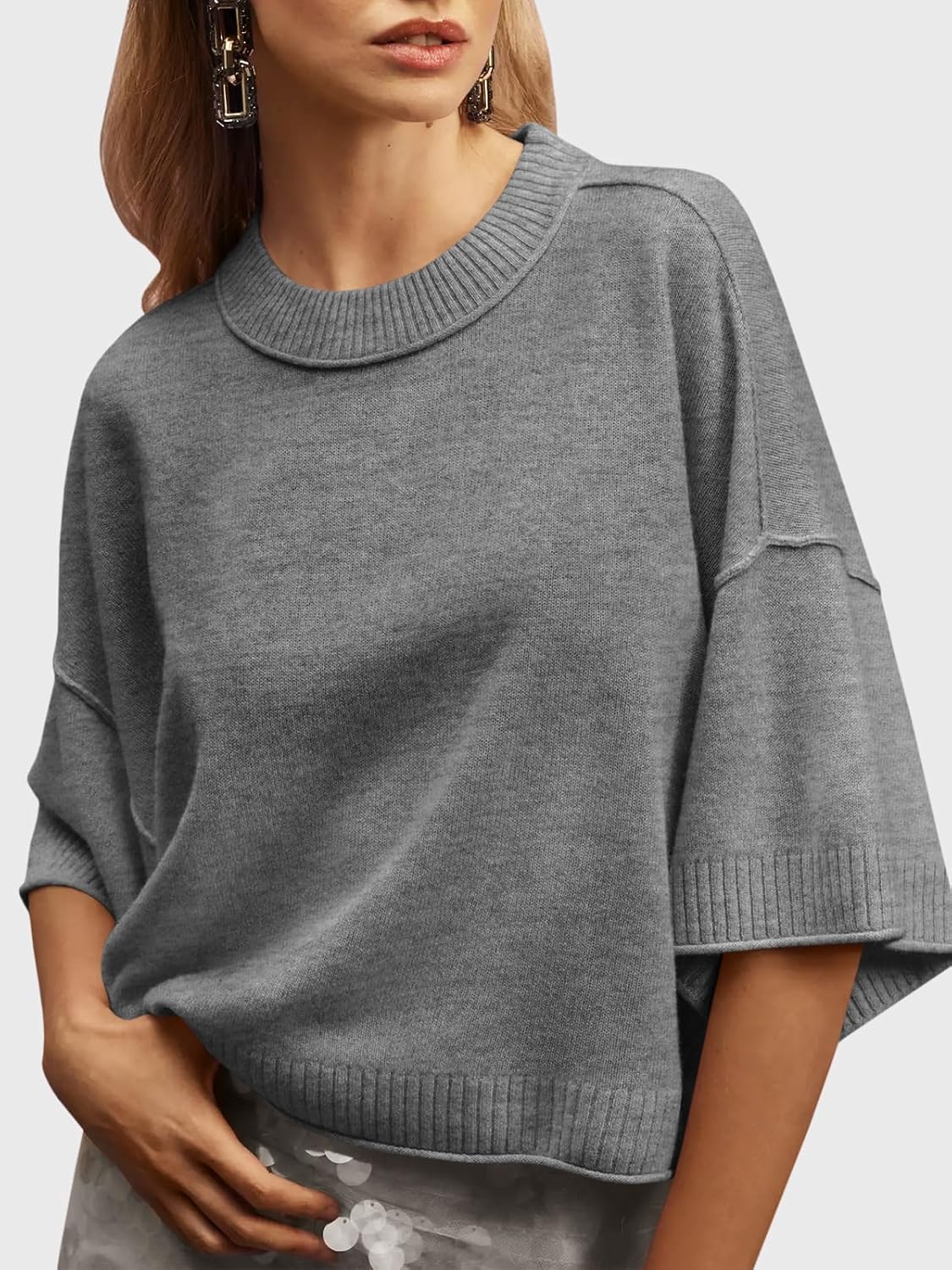 Saodimallsu Womens Short Sleeve Sweater Summer Oversized Cropped Sweaters Casual Crewneck Lightweight Knit Tops - Image 2