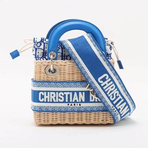 Pre-Loved Lady Dior Handbag Wicker Oblique Medium with Gold Hardware, Natural Beige and Blue