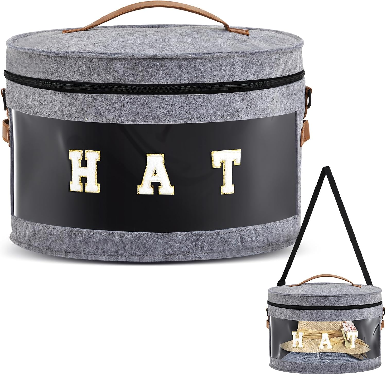 Dansydaisy Hat Box with Shoulder Strap & Multiple Handles, Foldable Travel Hat Organizer for Wide Brim Cowboy Caps, Stackable Storage Container for Closet & Travel Accessories (Grey, 16.5"d x 10.5"h)
