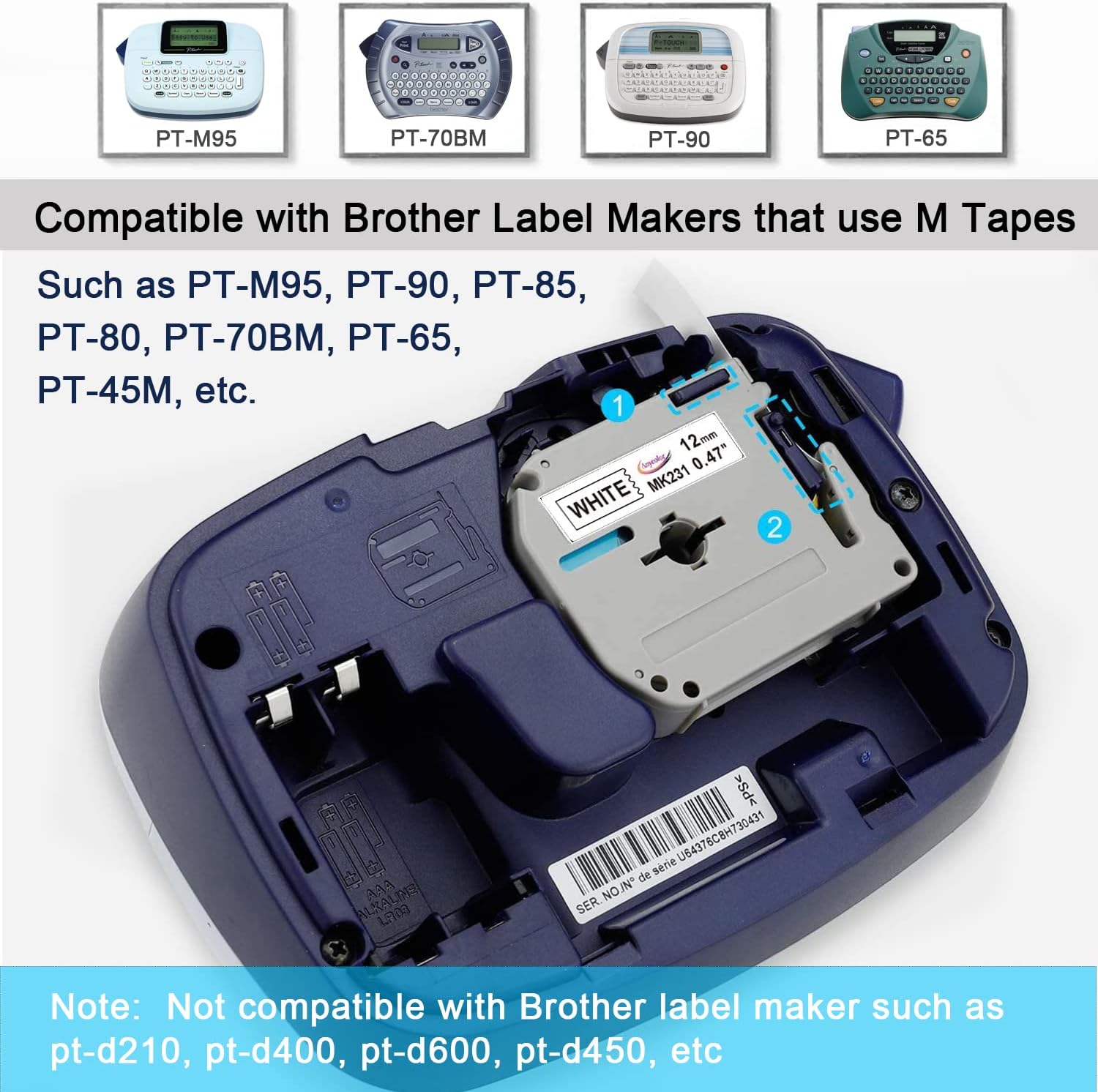 Anycolor 5-Pack Compatible Label Tape Replacement for Brother P Touch M Tape M231 MK231 M-K231 M-231 M-K231s Work with Brother Ptouch PT-M95 PT-90 PT-70 PT-65 PT-85 PT-80, 12mm 0.47 White, 26.2 Feet