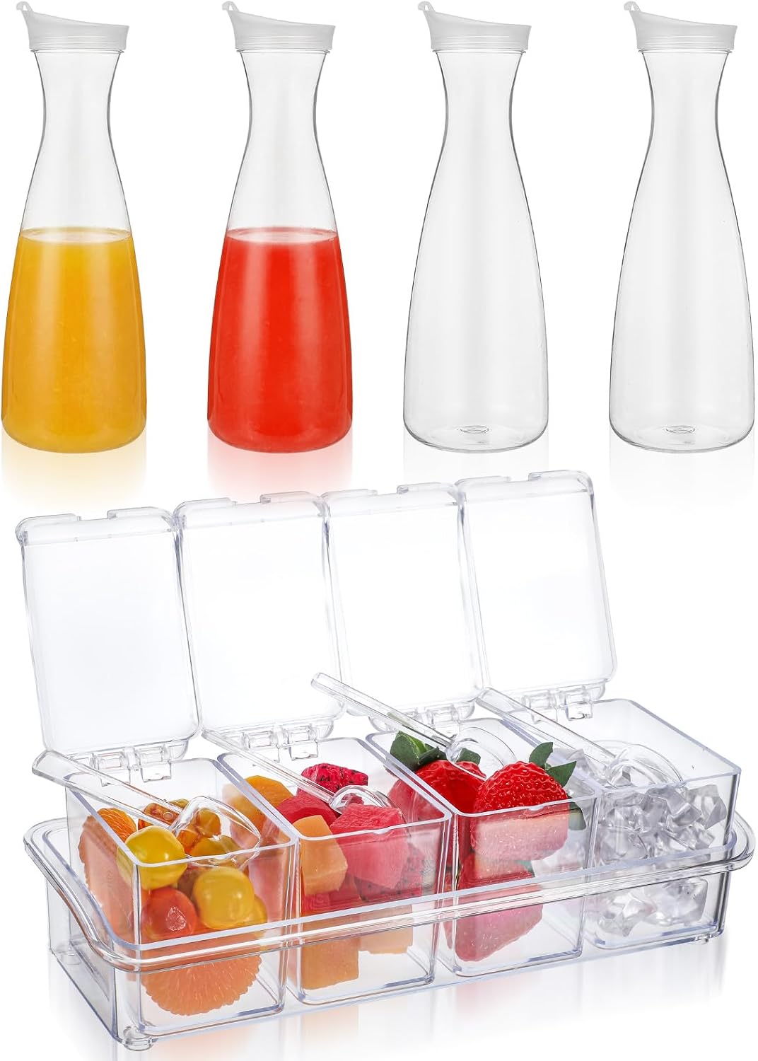 4 Pcs 54oz Plastic Carafe with Lid & 1 Seasoning Box with Lid Spoon, Round Base Juice Containers, Removable Compartments for Fruit Garnish Tray Mimosa Bar Supplies