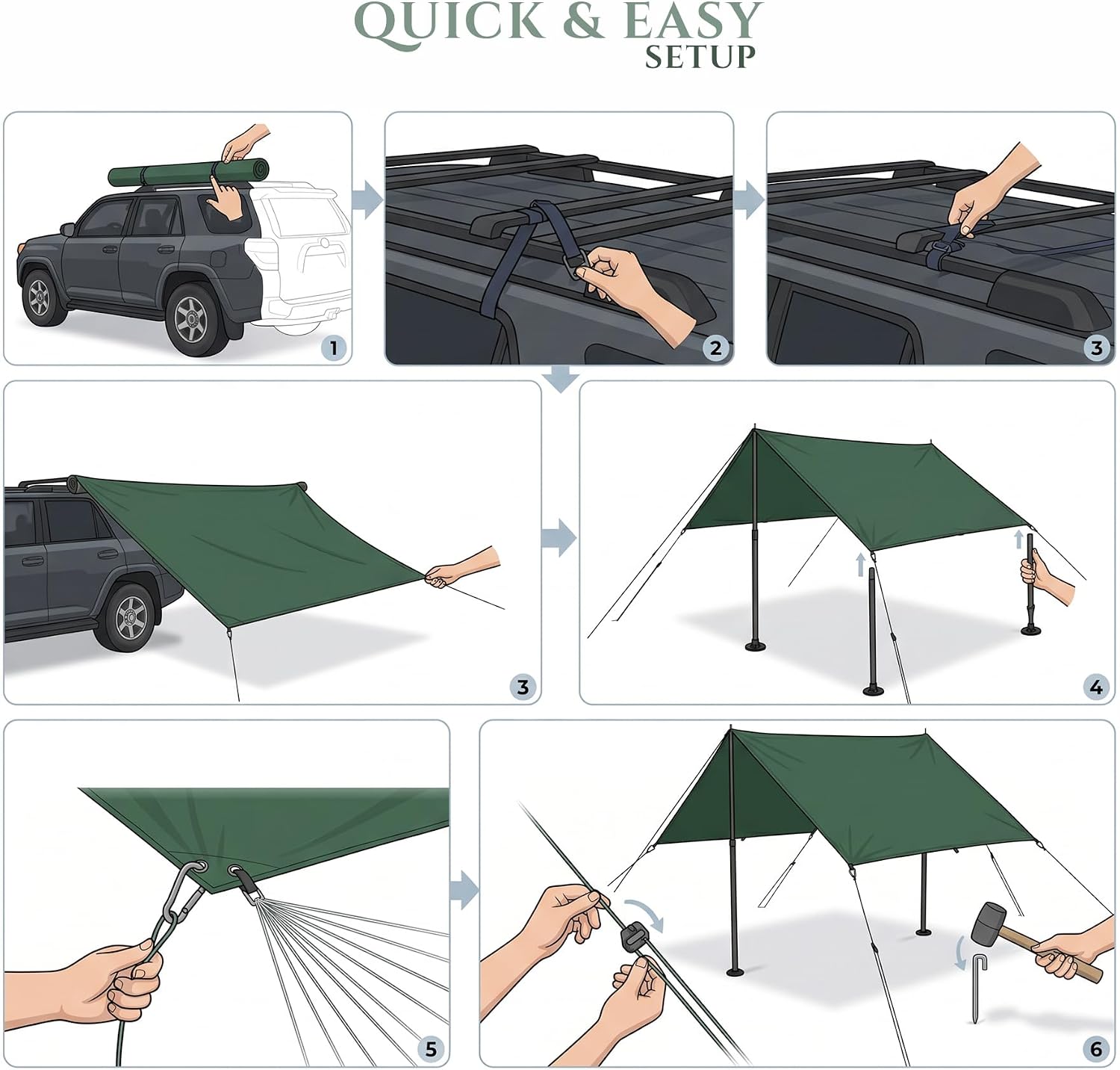 Vehicle Portable Car Awning for Camper SUV, Truck & Van for Camping, UV50+ Waterproof Car Canopy Sun Shelter, Lightweight Outdoor Side for Beach, Tailgating & Road Trips, Light Green image 5