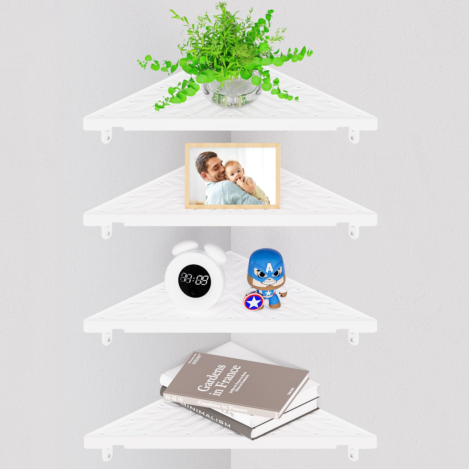 Corner Shelf Wall Floating Organizer Shelves - 4 Tiers 12.6inch Wall Mounted Floating Corner Storage Shelf - Display Hanging Decor Corner Shelves for Living Room Kitchen Bedroom Office (White)