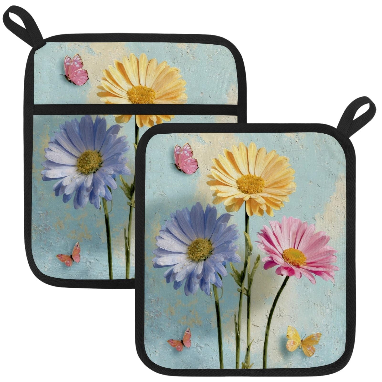 VAPOKF Colorful Daisy Pot Holders with Pocket for Kitchen Heat Resistant Potholders Large Polyester-Cotton Square Oven Mitts Set