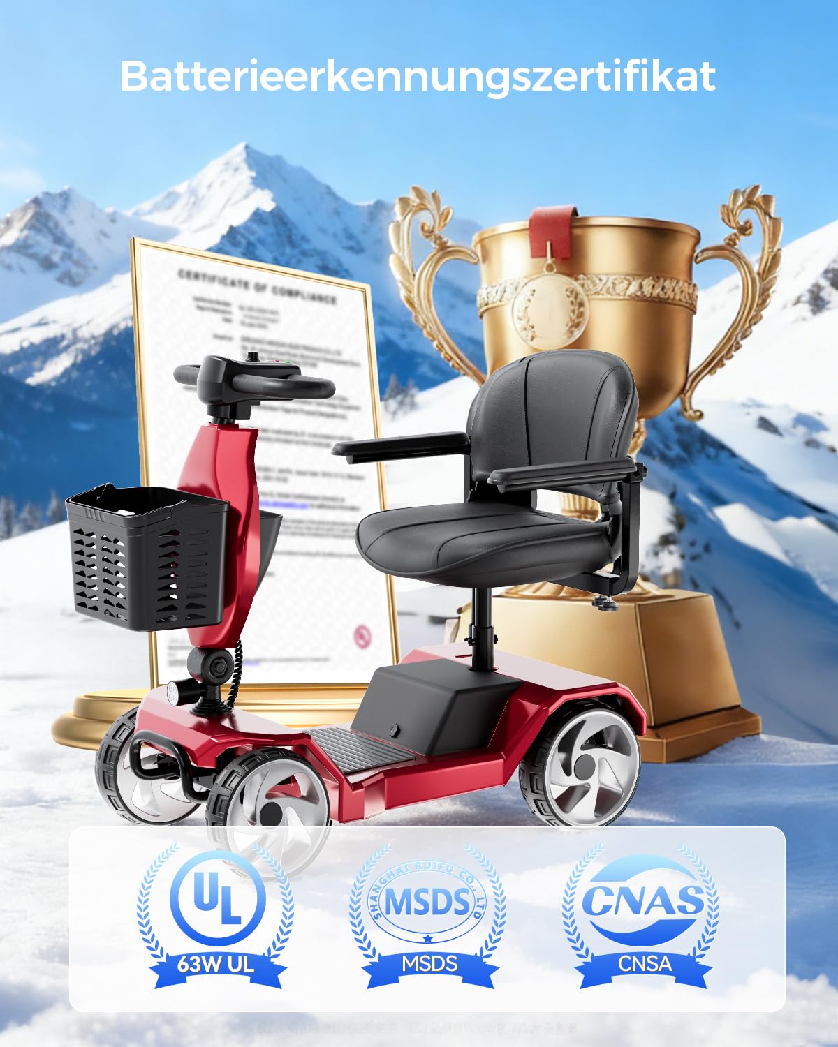 Seniorenmobil Elektromobil Klappbar, E Scooter mit Sitz für Erwachsene, Elektrischer Rollstuhl 250W Motor, 25 km Reichweite, 150 kg Belastung, Rot mit Korb