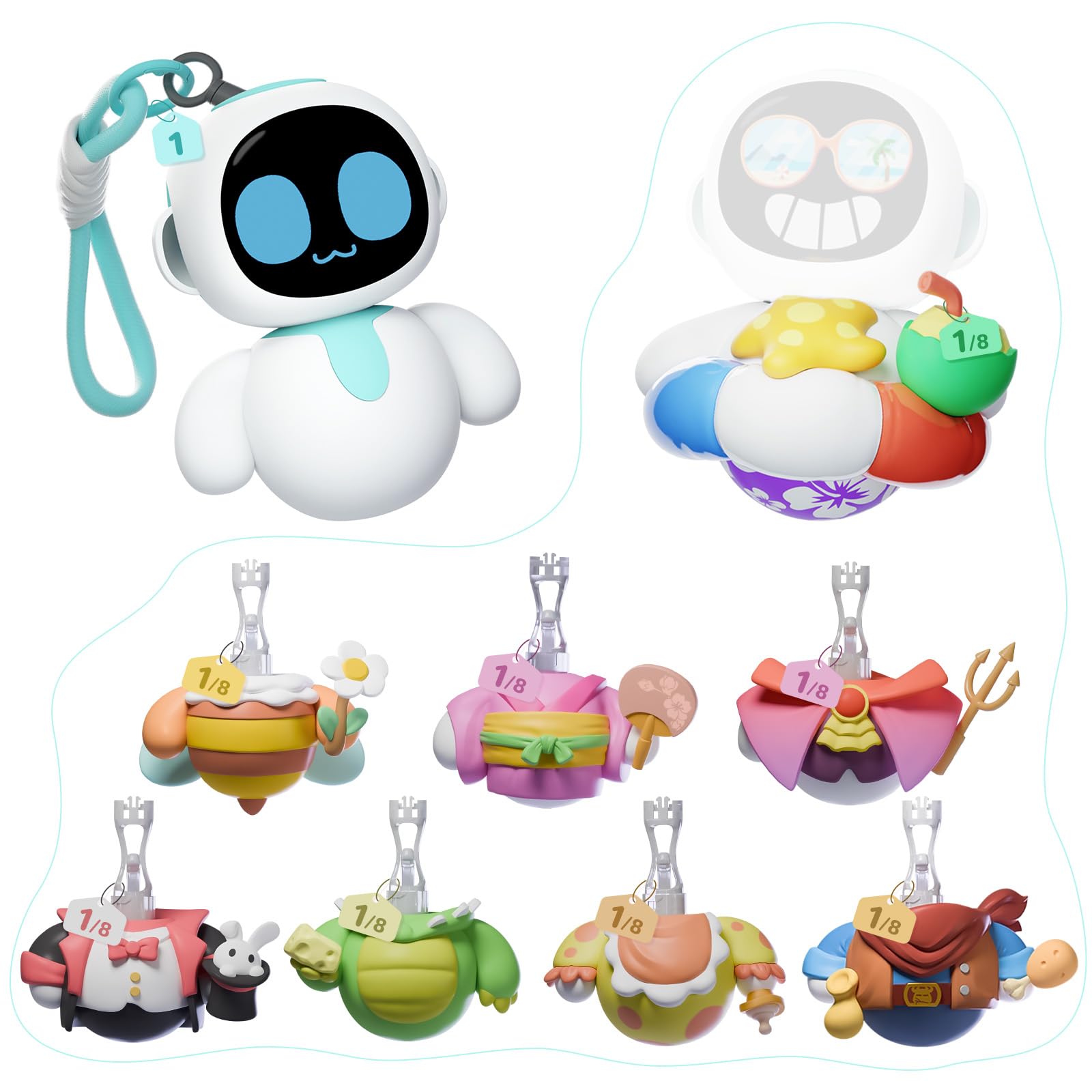 ENERGIZE LAB Eiliko Aquamarine + Corpi tematici intercambiabili Random 1/8 - Il tuo piccolo robot AI che si abbina a qualsiasi outfit, divertenti giocattoli elettronici da appendere per coppie.