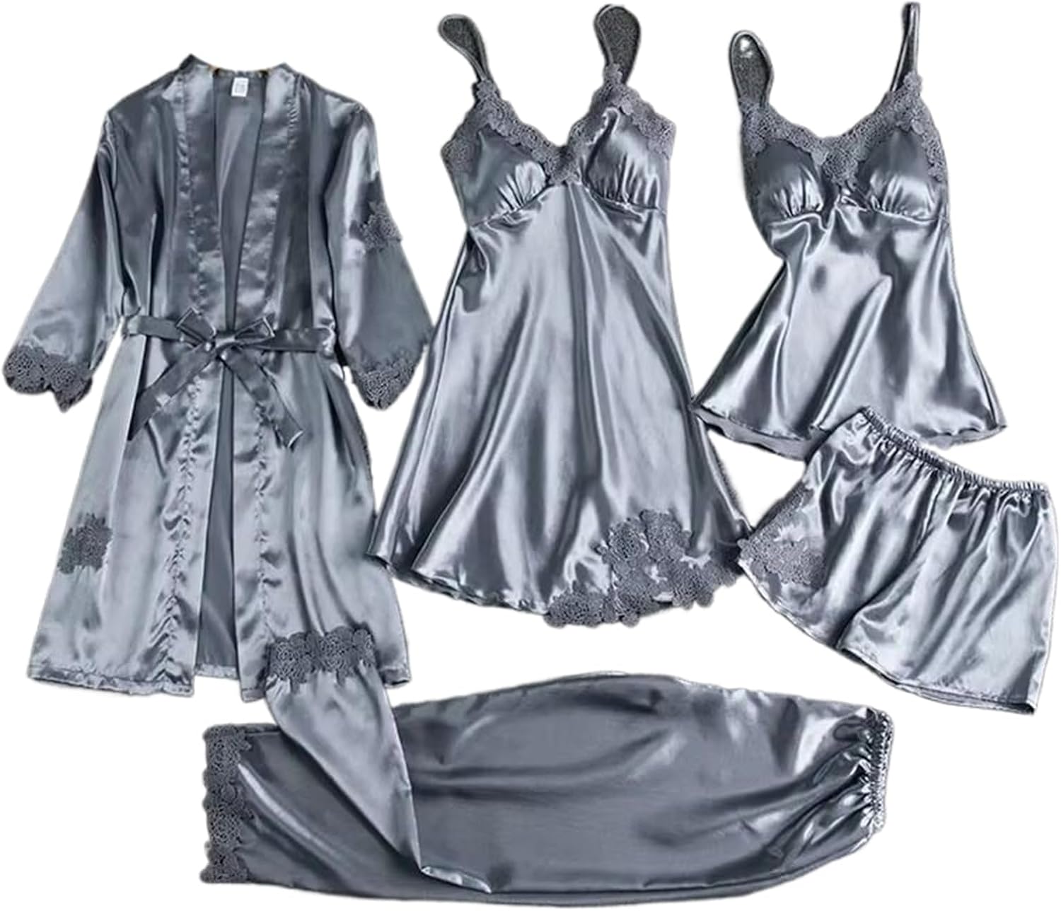Women's 5-Piece Satin Pajama Set, Lace Robe, Nightdress