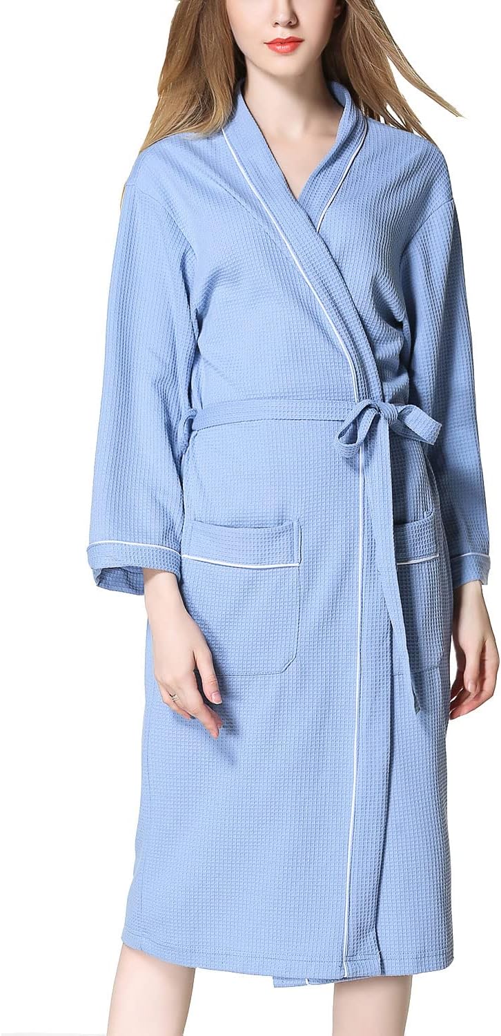 Lu's Chic Women's Waffle Robes Lightweight Wave Mid Length Bathrobe Belted Spa Robe Sleepwear