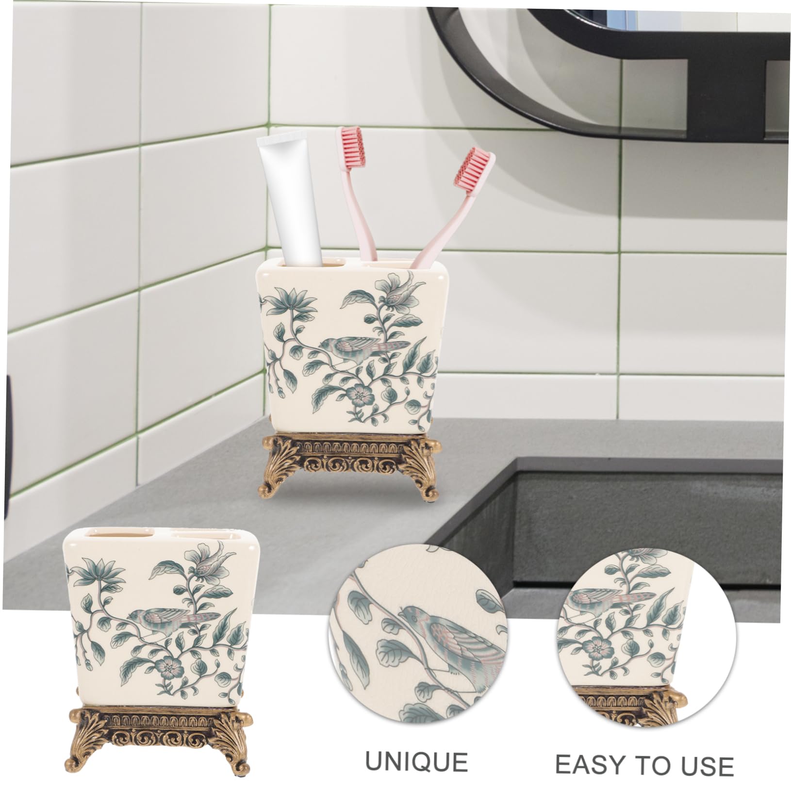 Porta Spazzolini da Bagno in Ceramica Stile Vintage Europeo da Tavolo | Compatto, Semplice Nel Trasporto, Design Multifunzione, per Famiglie e Coppie, Uso Domestico Quotidiano