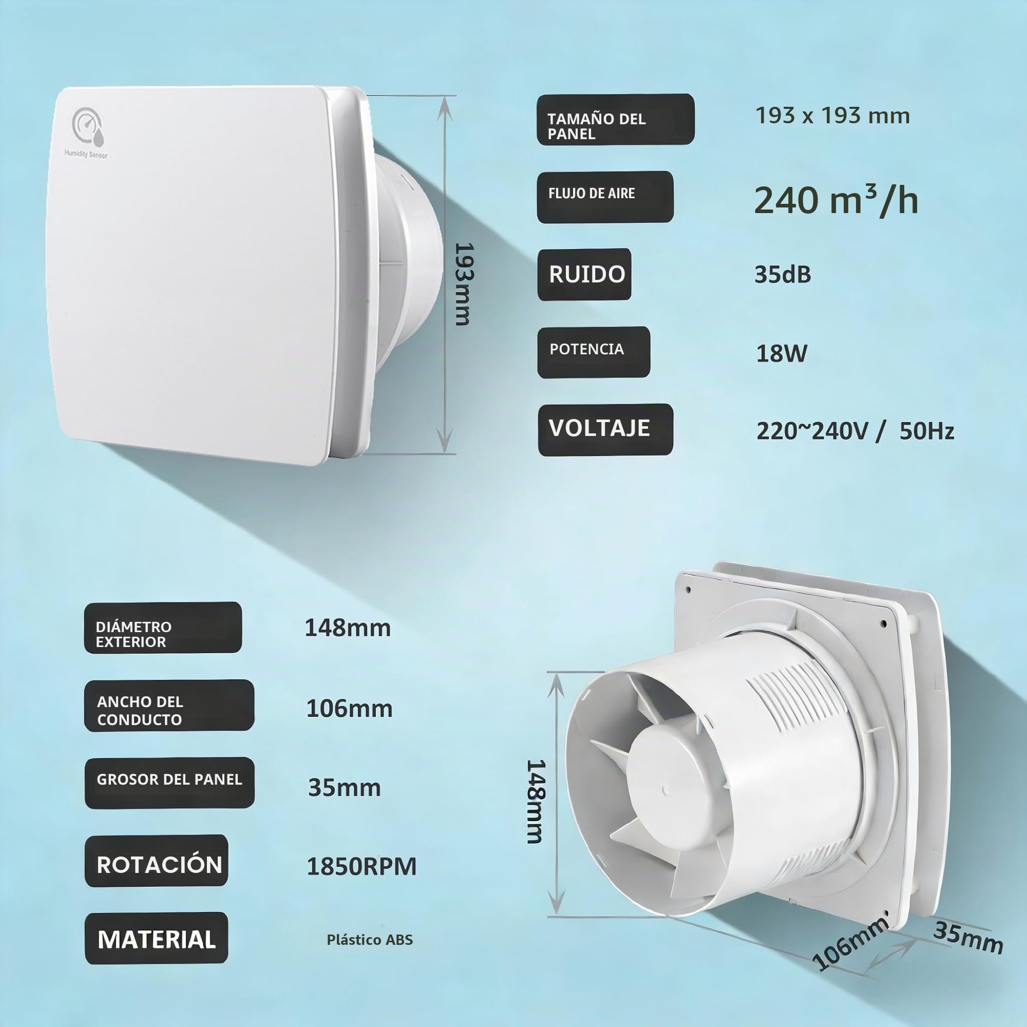 Extractor de aire 150 mm Sensor de temperatura y humedad 25 W 250 m³/h Ventilador de pared con válvula antigolpes, anillo de montaje de ventana, toma para cocina, WC, cuarto de baño