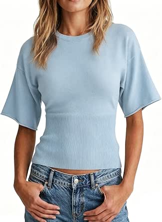 Women's Short Sleeve Knit Top – Summer Crew Neck with Cinched Waist Ribbed Sweater