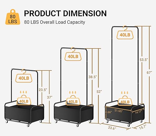 Miniatura 2 de Dunatou Perchero pequeño con ruedas, perchero de metal resistente, 2 en 1 con canasta, percheros para colgar ropa, 15.7 x 23.6 x 67 pulgadas, negro