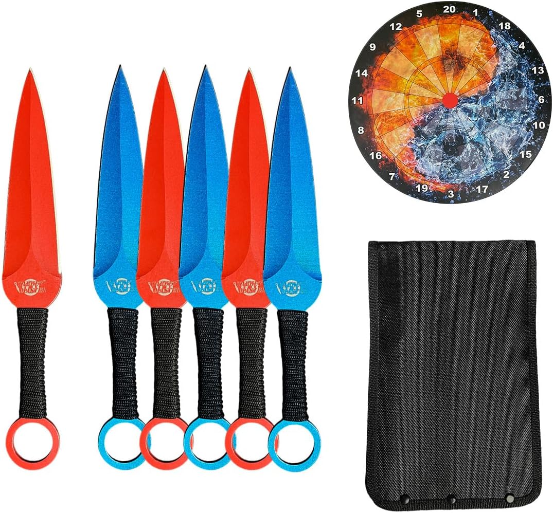 9 Inch 6 Piece Black Stainless Steel Blade Set with Green Cord Wrapped Handles and Nylon Sheath for Display Collection and Gifting