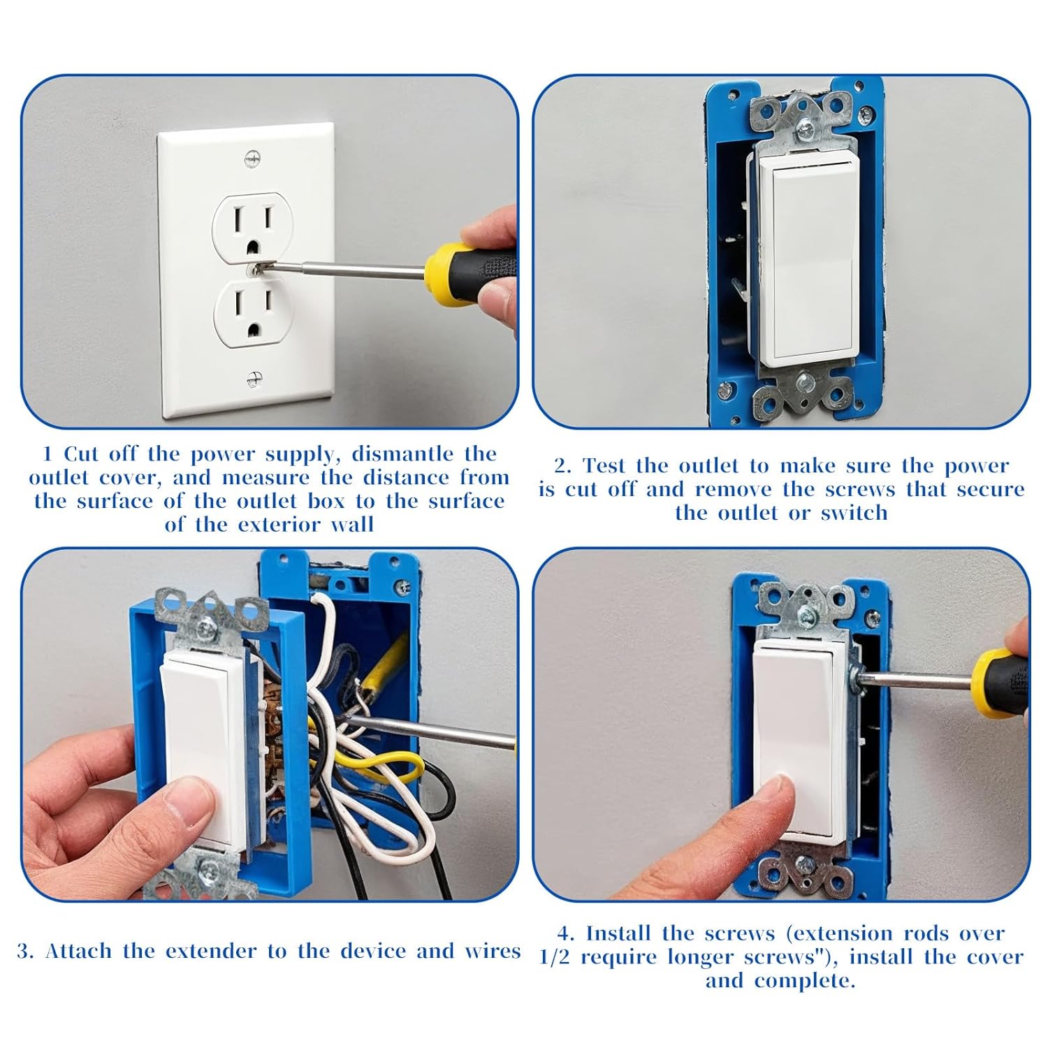 4 Pcs 1/2 Inch Single Gang Outlet Box Electrical Box Extender with 8pcs Screws Junction Boxes Extender Electric Boxes Extenders for Outlets(Blue)