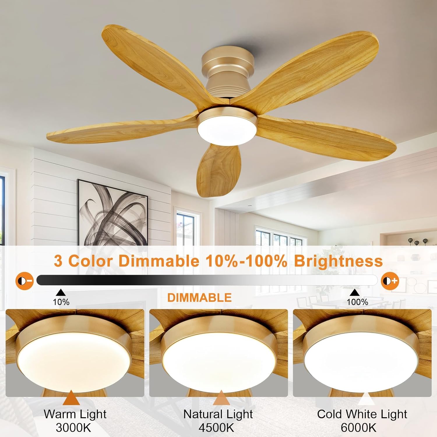 42 Inch Flush Mount Ceiling Fans with Lights and Remote, Dimmable, Wall Switch, 5 Blades Wood Ceiling Fan with Light, Low Profile Outdoor Indoor Modern Ceiling Fan for Bedroom Patio