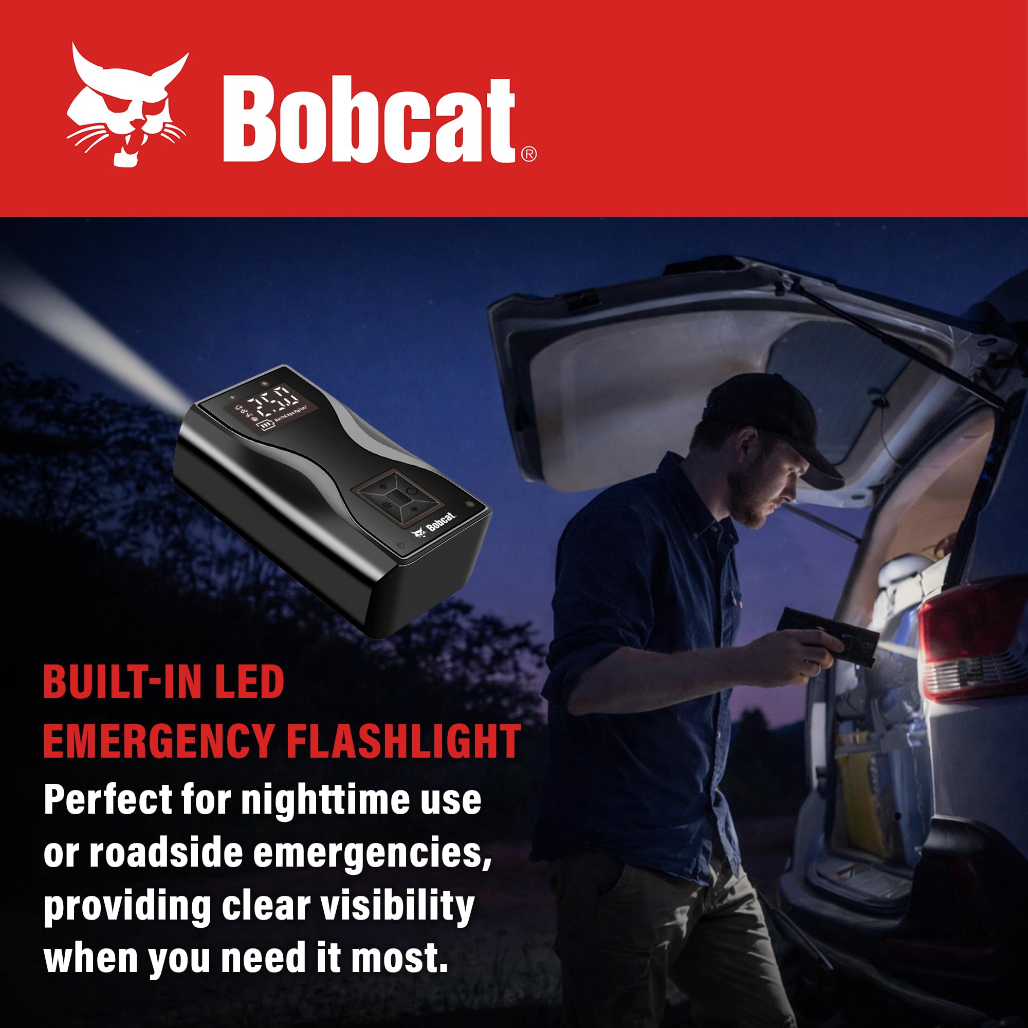 Bobcat - Gonfiatore portatile per pneumatici, ricaricabile, con display a LED, spegnimento automatico, torcia integrata, compatto e portatile, per auto, biciclette, palloni e altro, 150 PSI