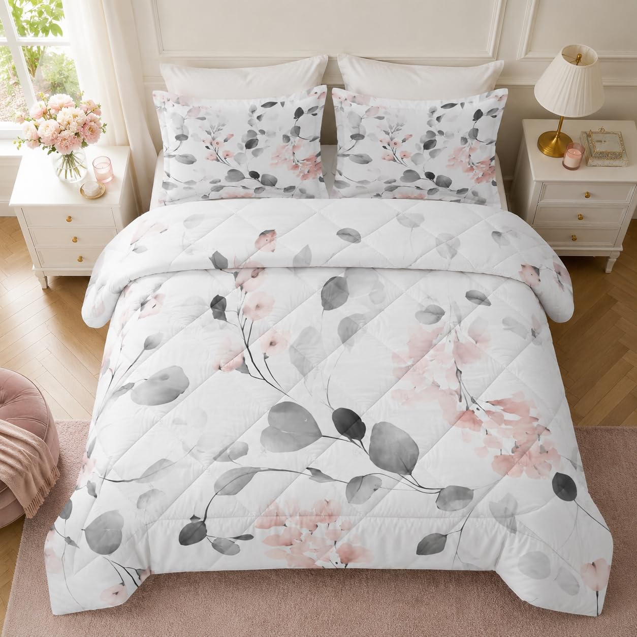Couette 220x240 Imprimée Feuilles D'eucalyptus Couette 4 Saisons Gris Couette sans Housse Couette 2 Personnes en Microfibre, Couette Réversible Ultra Douce Lavable en Machine