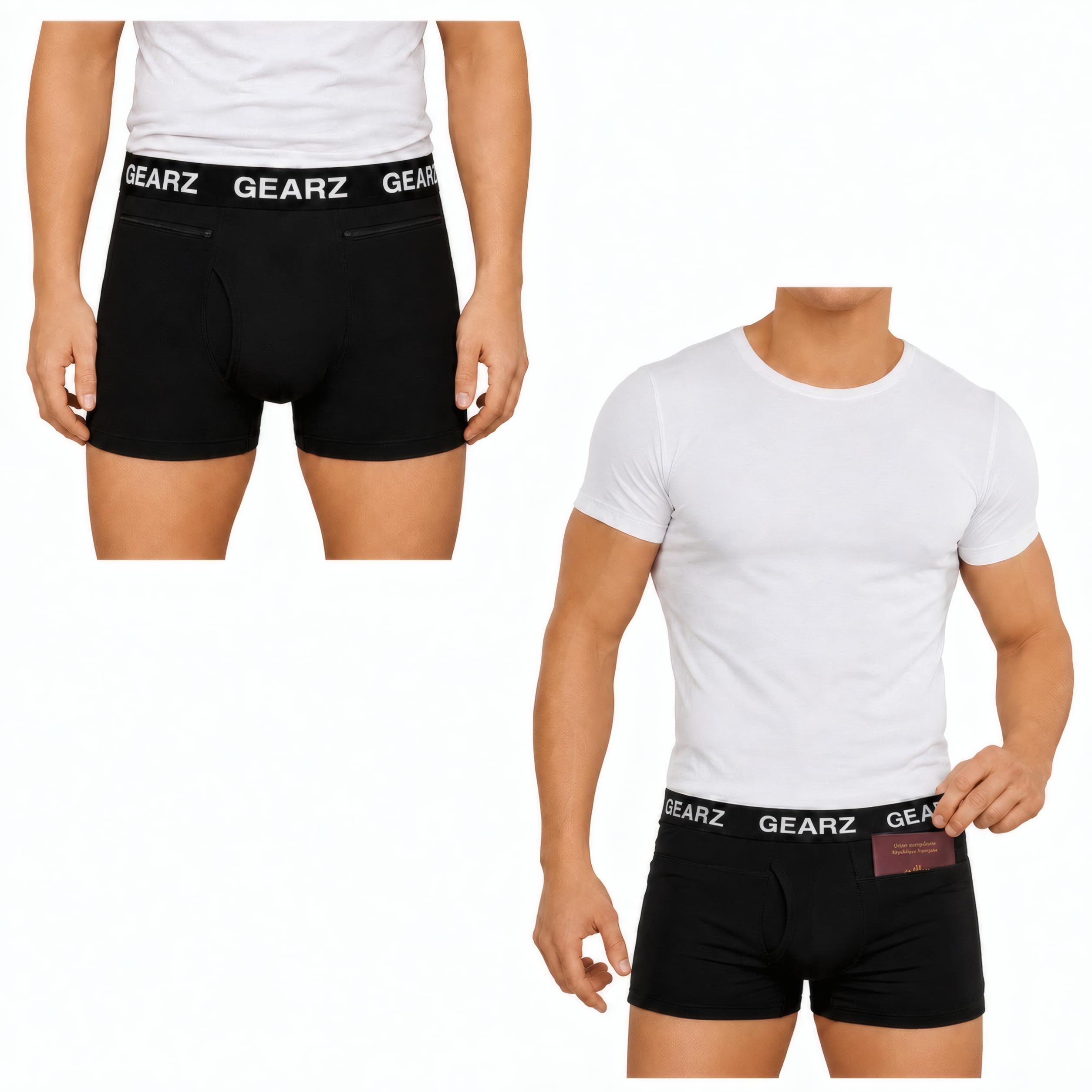 GEARZ - Pack 4 Boxer antifurto Uomo, Boxer Tasca Zip Sicurezza con Tasche nascoste, Intimo Viaggio Sport Cotone Nero Resistente