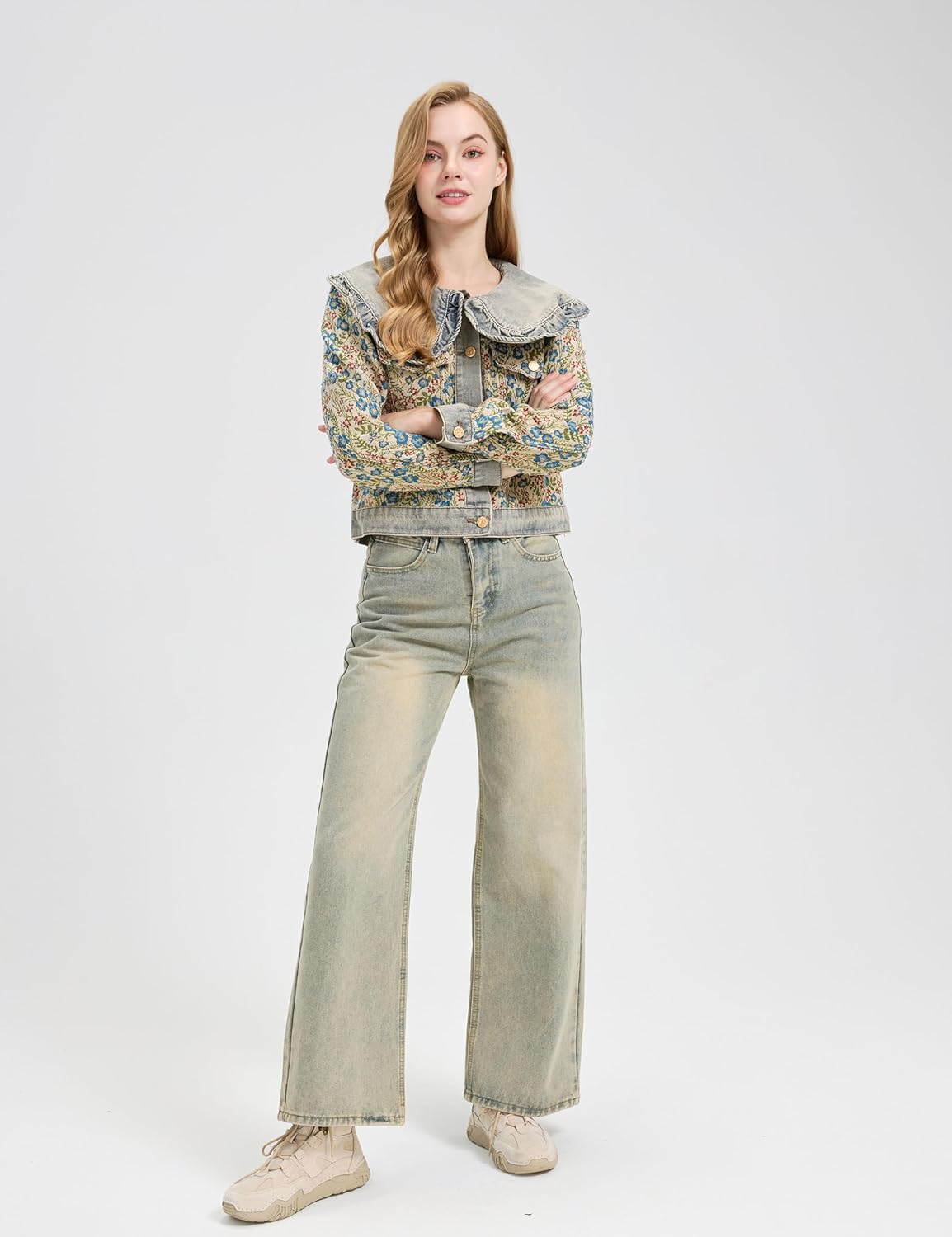 Women's Vintage Floral Denim Jacket Peter Pan Collar Long Sleeve Blue Flower Pattern Button Up Jean Jacket Coat - Image 9